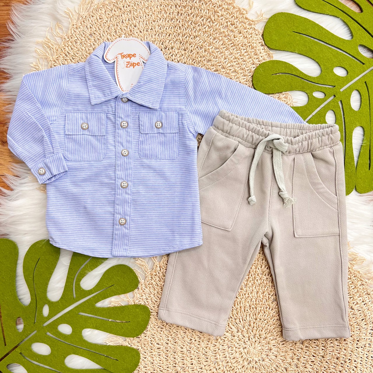 Conj. Camisa Manga Longa Listrada com Botões e Calça - Azul  e Areia